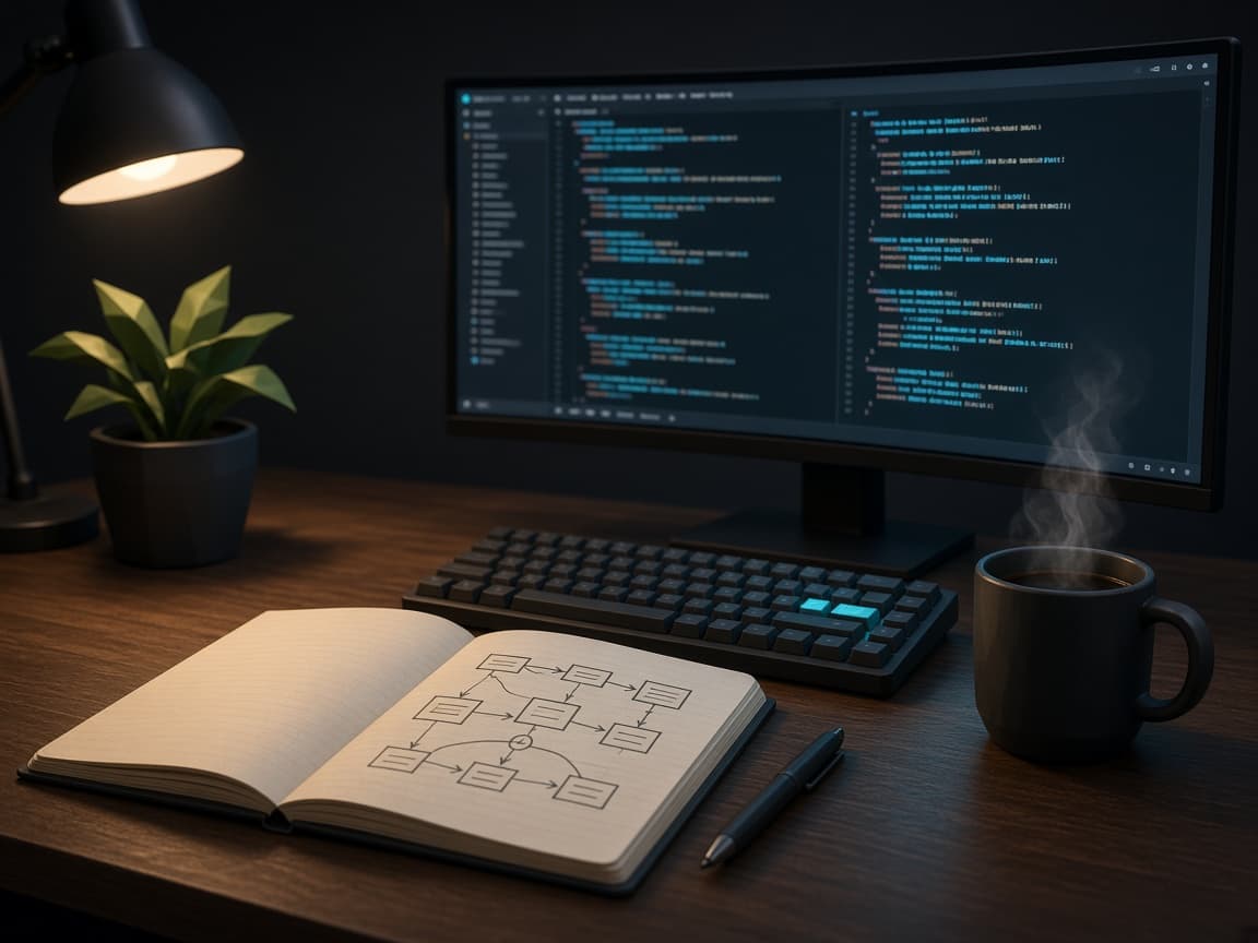 Close-up of a developer desk at night with code on an ultrawide monitor and a notebook showing a hand-drawn system architecture sketch.